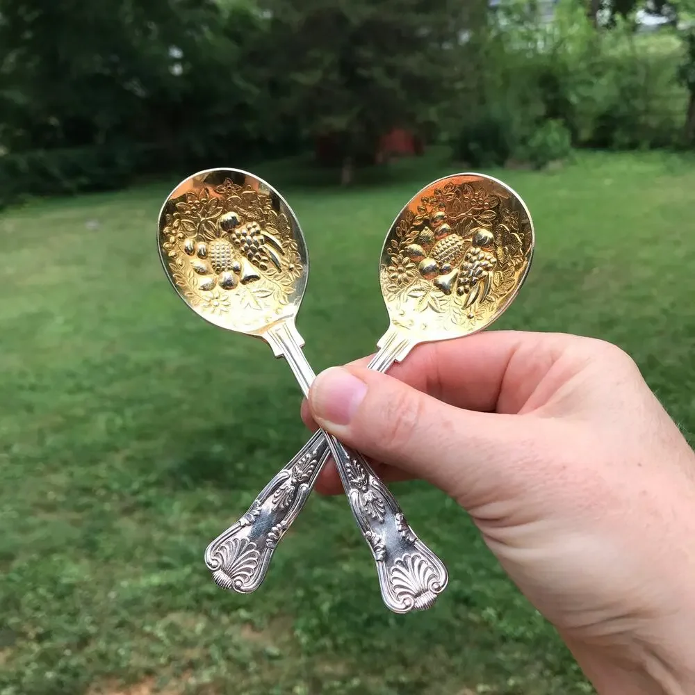 2 W. A. Sheffield KING Silverplate Gold Wash Jelly Spoons - fruit embossed